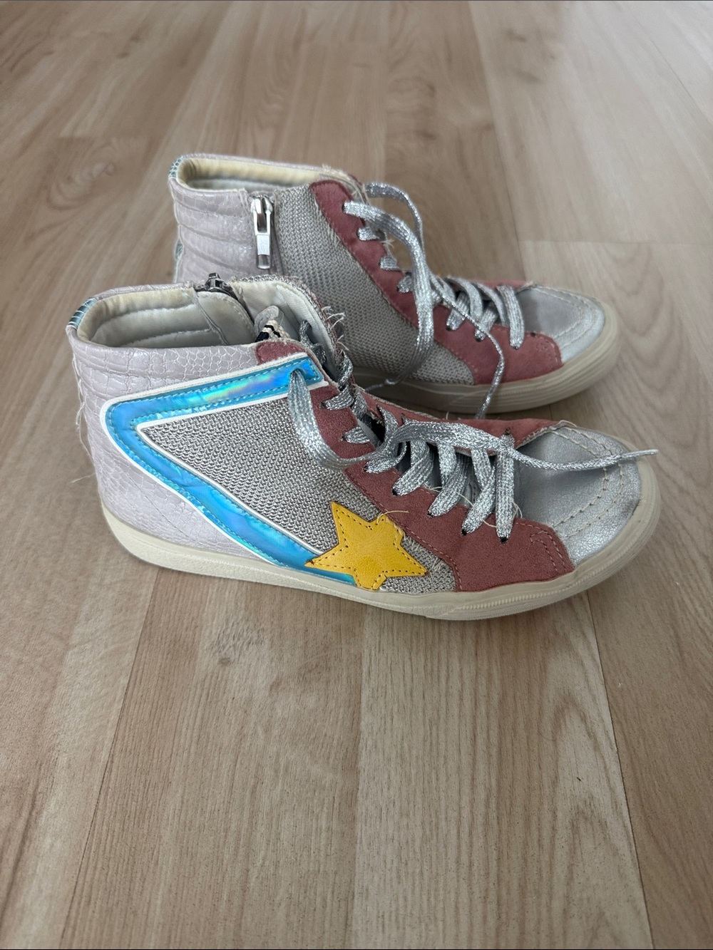 Kids High-Top Star Accent Sneakers in Pink, Silver & Yellow